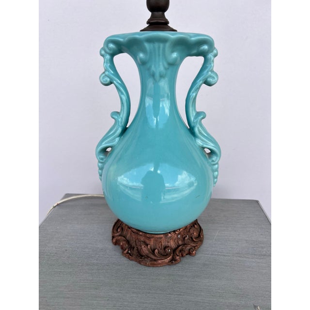 Ceramic Vintage Art Deco Turquoise Ceramic Urn Shape Lamp For Sale - Image 7 of 7