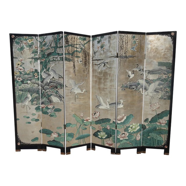 Vintage Silver Chinese Asian Six Panel Screen ~ Room Divider W Heron Birds For Sale