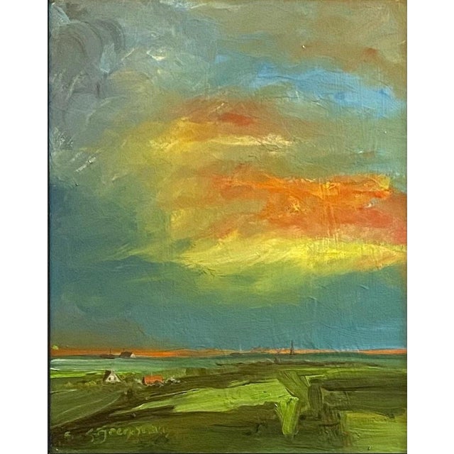 Contemporary Sunset Reflection Through Clouds Landscape Oil Painting For Sale - Image 3 of 3