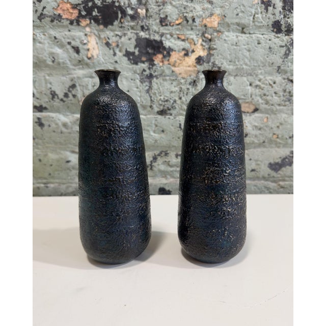 Metal Japanese Craftsman Bronze Vases Black Volcanic Patinated Enamel, Japan 1930 For Sale - Image 7 of 11