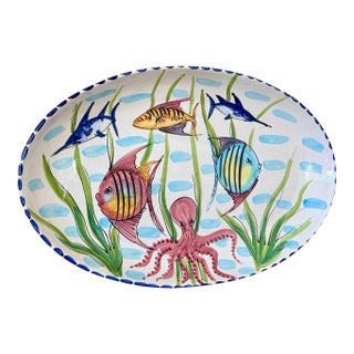 Vietri Al Mare Italian Hand-Painted Coastal Sea Life Majolica Oval Wall Platter For Sale