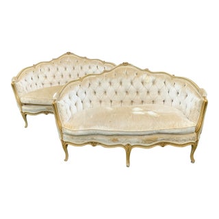 Mid Century Louis XV Style Velvet Love Seats, Pair For Sale