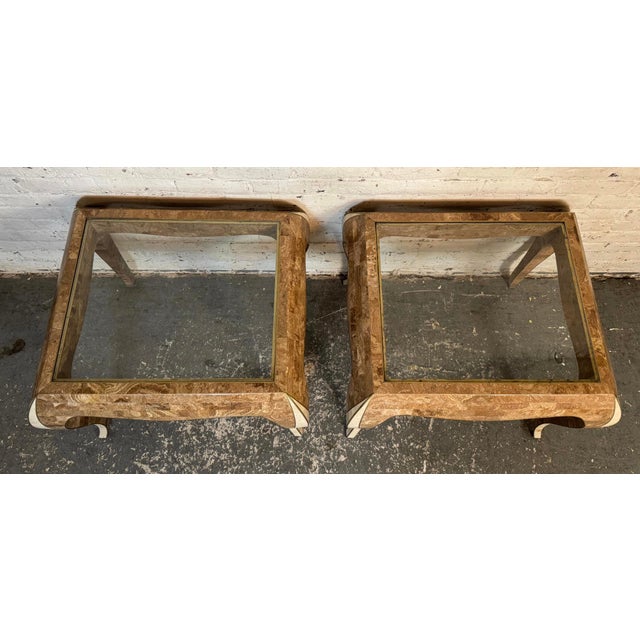 Mid-Century Modern Pair of Maitland Smith Style Stone Tables With Glass Tops For Sale - Image 3 of 8
