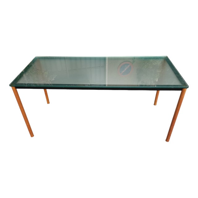 Table with Iron Structure, Wooden Legs, Glass Top in the style of Lc10 Le Corbusier from Cassina, 1980s For Sale