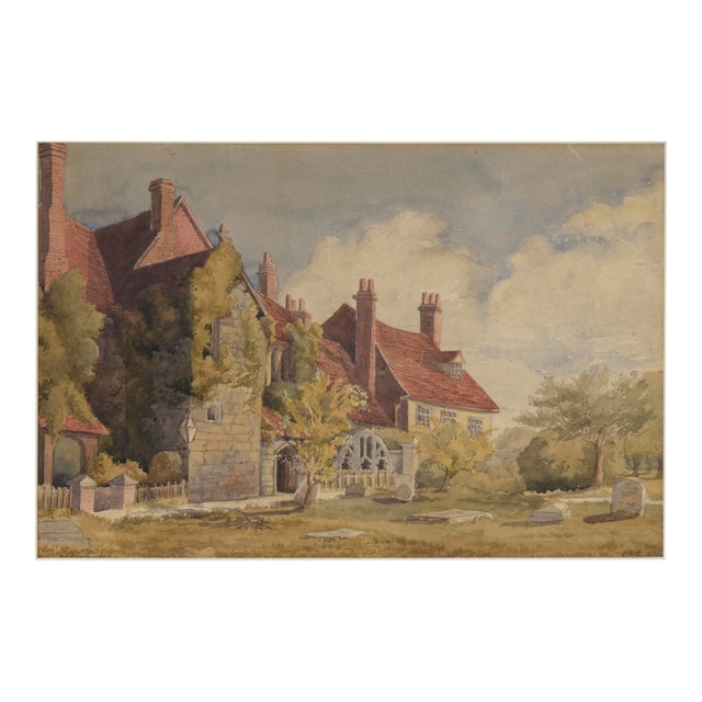 English Mansion by the Cemetery - Late 1800s Watercolor on Paper by Lucy Cooper For Sale