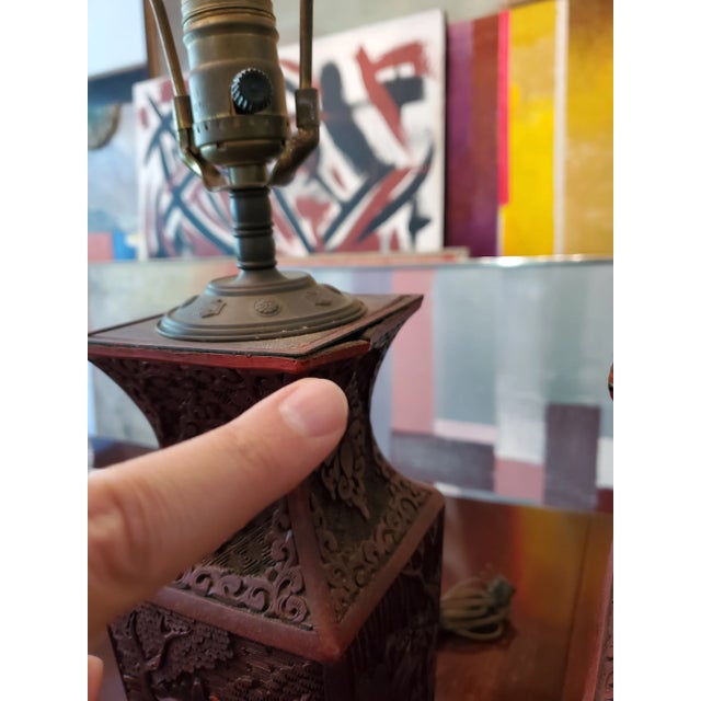 Antique Chinese Cinnabar Red Lacquer Carved Lamps- a Pair For Sale - Image 11 of 11