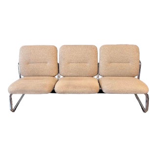 1980s Postmodern Steelcase Chrome & Oatmeal Tweed 3 Seater Sofa #1 For Sale