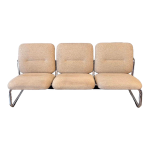 1980s Postmodern Steelcase Chrome & Oatmeal Tweed 3 Seater Sofa #1