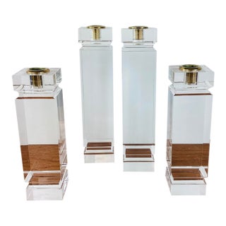 Vintage Karl Springer Style Chunky Clear Lucite Set of 4 Candle Holders For Sale