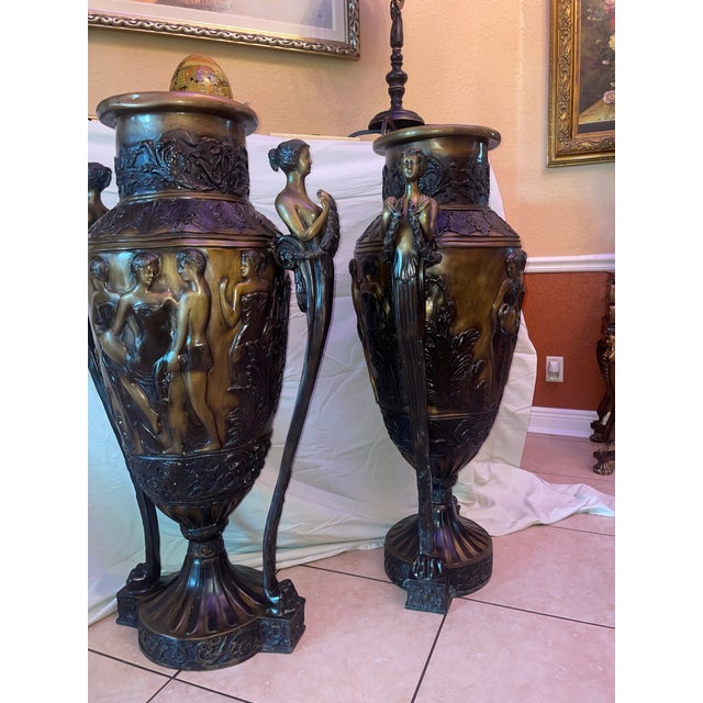 Bronze Huge Pair of French 19th Century Neoclassical Urns Solid Bronze For Sale - Image 8 of 12