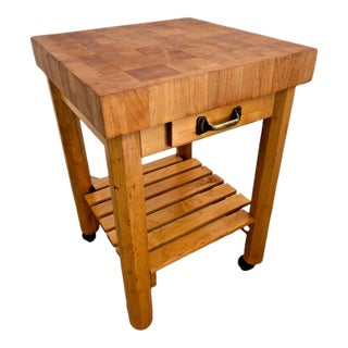 1990s Vintage Butchers Block Carving Cutting Board Kitchen Slab Table Shelf and Drawer For Sale
