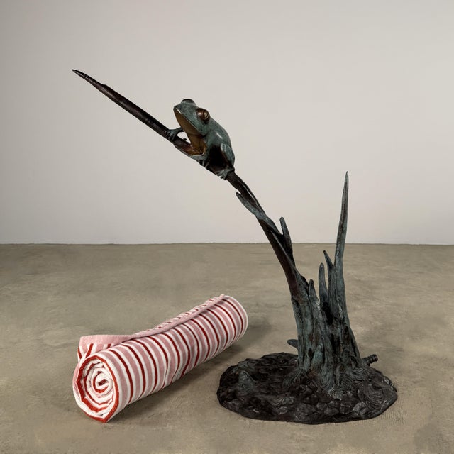 Contemporary Bronze Frog Fountain Sculpture, 30” Tall, Verdigris Garden Water Feature For Sale - Image 3 of 14