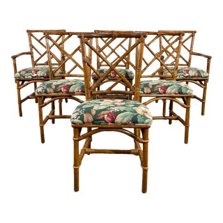 Vintage Chippendale Style Bamboo Dining Chairs With Magnolia Leaf Upholstery, S/6 For Sale
