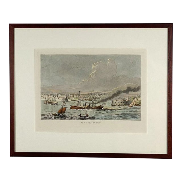 Vintage Hand-Colored Nautical Engraving, Circa 1920, "New York in 1850" For Sale