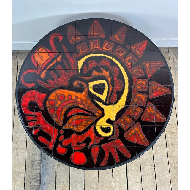 Metal Vintage Round Graphic Red and Yellow Ceramic Coffee Table, 1960s For Sale - Image 7 of 12