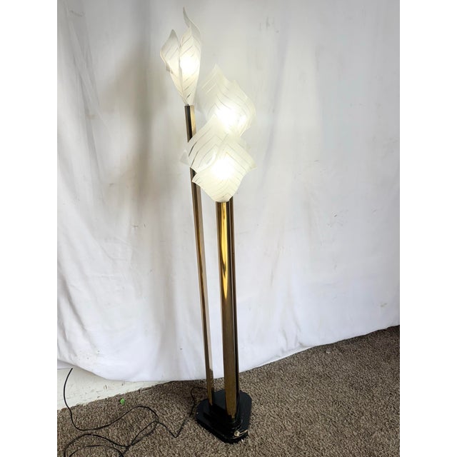 An elegant Art Deco torchiere floor lamp featuring sculptural frosted acrylic shades inspired by calla lily forms. The...