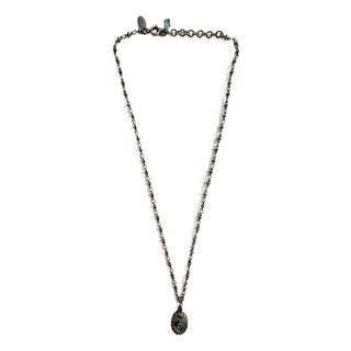 Vintage Sterling Silver Necklace by Designer Liz Palacios Sf, Featuring a Mother of Pearl Pendant With a Central Crystal, and Dangling Charm Accent For Sale