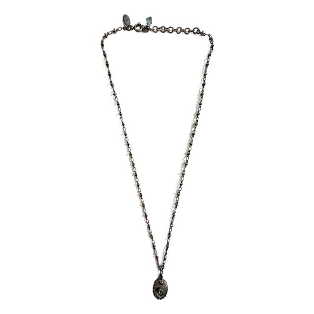 Vintage Sterling Silver Necklace by Designer Liz Palacios Sf, Featuring a Mother of Pearl Pendant With a Central Crystal, and Dangling Charm Accent For Sale