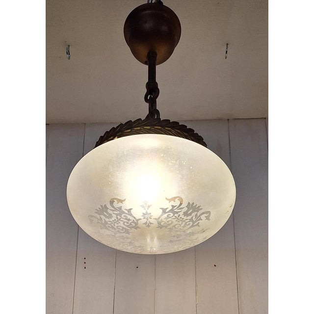 1930s French Pendant Lamp with Metal Mounting and Decorated Glass Shade, 1930s For Sale - Image 5 of 7