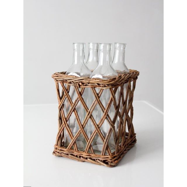 Vintage Wicker Bottle Basket With Glass Bottles For Sale - Image 6 of 15