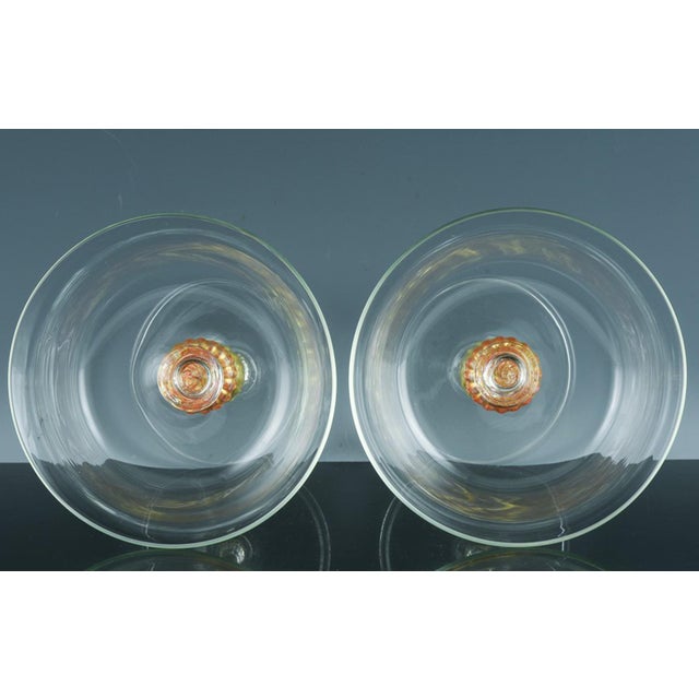 Mid-Century Modern Vintage Murano Glass Champagne Coupes, Peach and Gold-Leaf Ribbed Stems, Set of Ten For Sale - Image 3 of 8