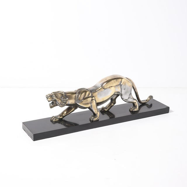 Art Deco Art Deco Silvered Bronze Lion Sculpture on Black Marble Base For Sale - Image 3 of 17