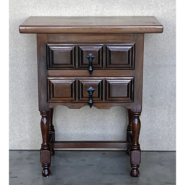 Spanish 20th Century Pair of Spanish Nightstands With Two Drawers and Iron Hardware For Sale - Image 3 of 9
