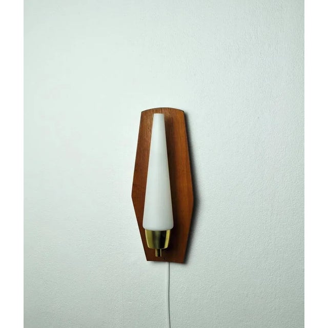 Scandinavian Modern Wall Light in Teak, Brass & Opaline Glass, Denmark, 1960s For Sale - Image 4 of 13