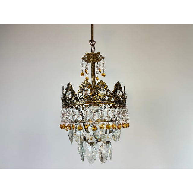 Amber Rare Vintage Brass Crystal Chandelier | 1960s | Amber & Clear Crystal Pendant Light For Sale - Image 8 of 16
