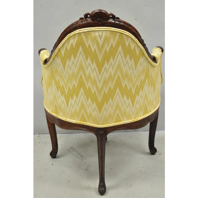 Antique French Louis XV Style Carved Walnut Yellow Fabric Boudoir Lounge Chair For Sale - Image 12 of 14