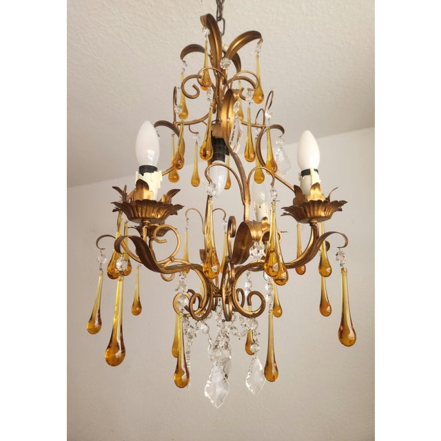 Floral Five-Light Gilded Ceiling Lamp with Crystals and Murano Glass Crystal Drops, 1960s For Sale - Image 4 of 18