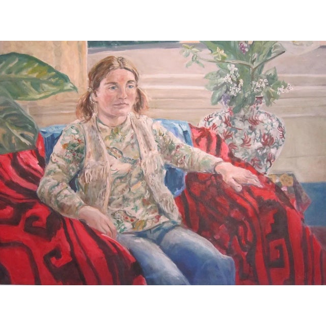 Fabulous oversized painting of a young girl. Signed in the lower right hand corner. Vibrant shades of ruby red and denim...