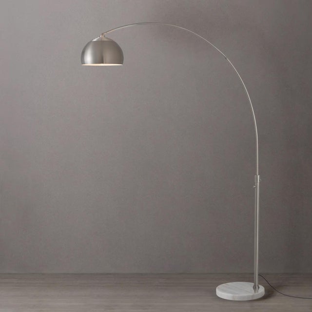 Mid-Century Modern 1960s Half Dome Mid Century Morelli Floor Lamp - Modern Arc Lamp, Satin Nickel Finish, White Marble Base, Dimmable For Sale - Image 3 of 7