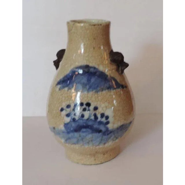 19th Century Chinese Blue & White Crackle Glaze Porcelain Landscape Decoration & Foo Dog Handle Vase For Sale In New York - Image 6 of 11