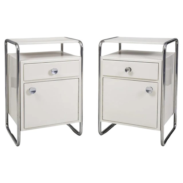 Bauhaus Bedside Tables in Chrome & Wood by Sab, Czech, 1930s, Set of 2 For Sale