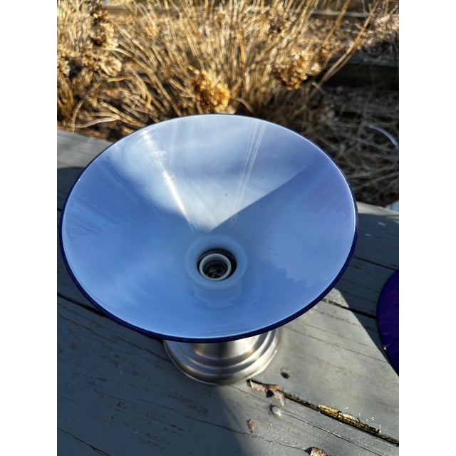 Old Lights On is pleased to offer this set of three brushed nickel semi-flush mount ceiling fixtures with three cased blue...