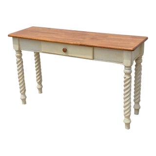 White Washed Barley Twist Leg Console Sofa Table W/ Butcher Block Top For Sale