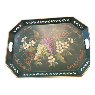 Vintage Hand-Painted Floral & Botanical Tôleware Octagonal Serving Tray With Reticulated Gallery For Sale