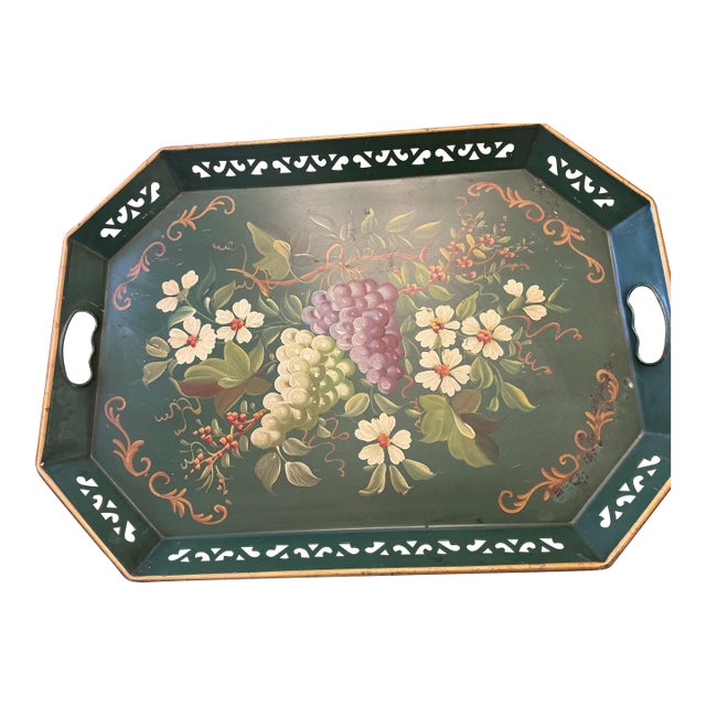 Vintage Hand-Painted Floral & Botanical Tôleware Octagonal Serving Tray With Reticulated Gallery For Sale