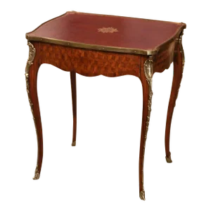 19th Century French Louis XV Leather Top Marquetry Walnut and Bronze Side Table