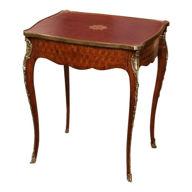 19th Century French Louis XV Walnut Marquetry Side Table With Leather Top For Sale