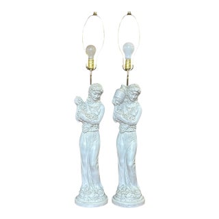 Vintage Holland Mold Neoclassical Italian Style Figural Maiden Table Lamps With Grapes & Amphora, a Pair For Sale