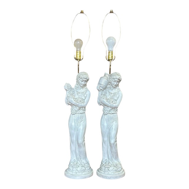 Vintage Holland Mold Neoclassical Italian Style Figural Maiden Table Lamps With Grapes & Amphora, a Pair For Sale