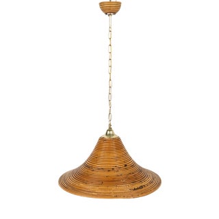 Mid-Century Rattan and Brass Chandelier attributed to Vivai Del Sud, Italy, 1970s For Sale