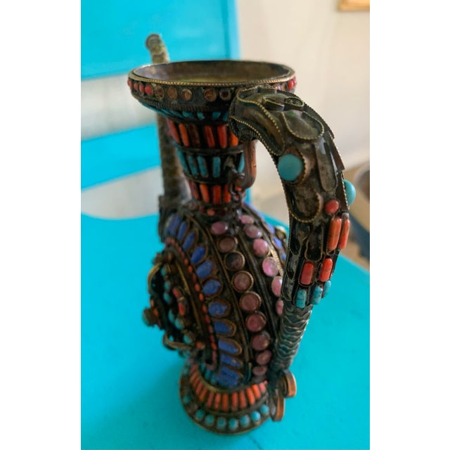 Royal Blue Antique Tibetan Brass Teapot / Ewer With Coral, Turquoise & Lapis Lazuli Inlay For Sale - Image 8 of 9