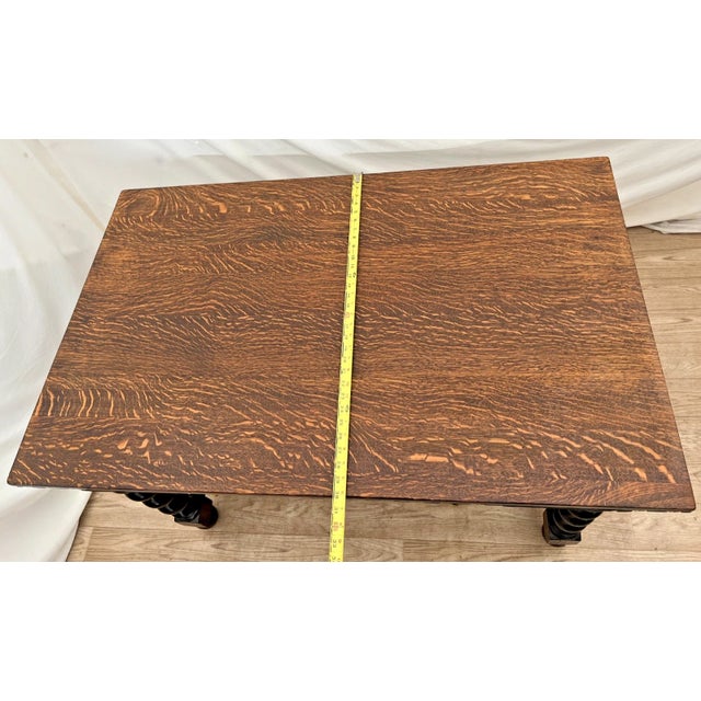 Antique Barley-Twist Tiger Oak Library Desk Writing Table Jacobean Revival Shelf For Sale - Image 11 of 13