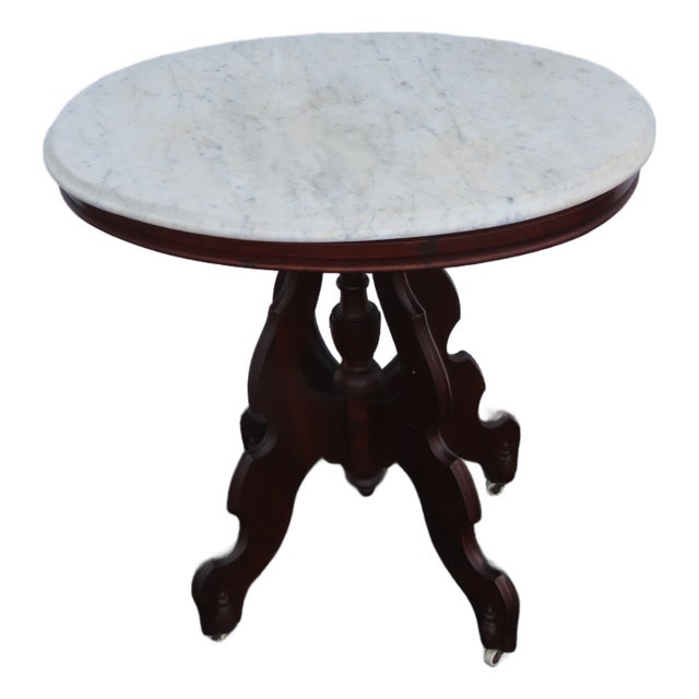 Late 1800s Victorian Eastlake Marble Top Carved Side Table 6900 For Sale