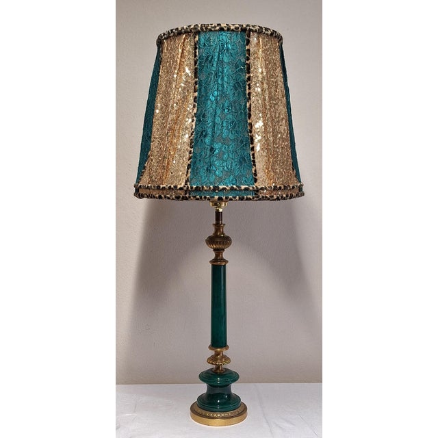 Italian Vintage Table Lamp from the 70s with Green Alabaster Base with Brass and Bronze Elements and Handmade Sequin Shade...