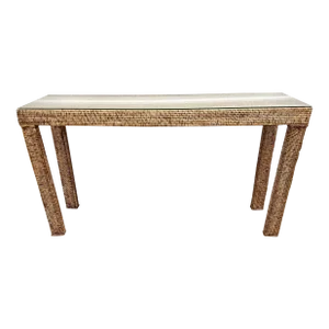 Vintage Thai Style Woven Wicker Console Table With Glass Top