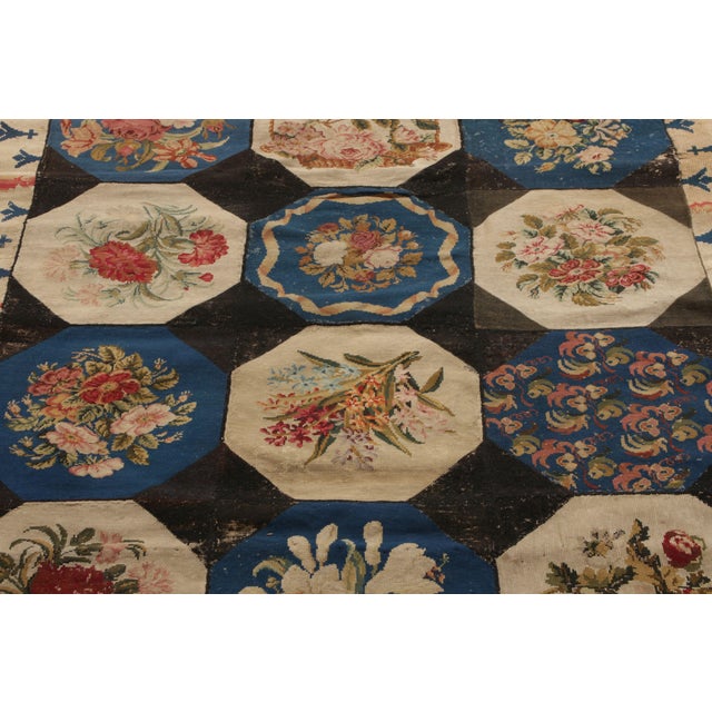 1920s Handmade Antique English Needlepoint Rug in Blue, Beige-Brown Floral Pattern For Sale - Image 5 of 9
